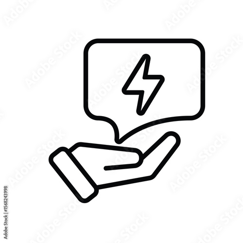 ai icon. AI Personal Assistant in hand. Smart reply. Chat balloon with lightning. UI, education. Outline design style
