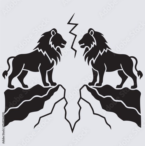 two lions facing each other on opposite cliffs silhouette vector art illustration