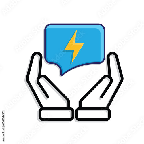 ai icon. AI Personal Assistant in in two hand. Smart reply. Chat balloon with lightning. UI, education. Mixed design style