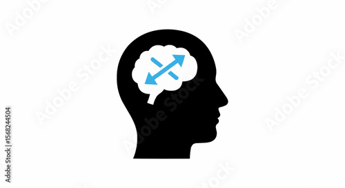 Black silhouette of a head with a brain inside containing two crossed blue arrows pointing outward