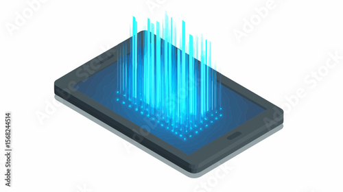 Isometric tablet displaying bright blue vertical lines emanating from its screen visualization effect