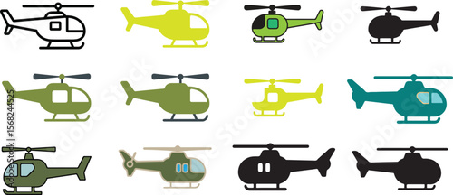 Vector Set of Colorful Helicopters and Flying helicopter. Aircraft vehicle with colorful cockpit and rotate turbine object collection. Military, civilian, rescue or cargo flight transport