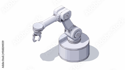 Isometric view of a white industrial robot arm with a gripper on a white background casting a shadow