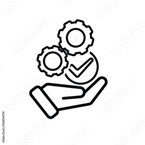 ai icon. AI Personal Assistant in hand. Task automation. Two Gears moving with automatic checklist. UI. Outline design style
