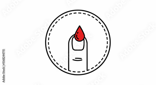 Illustration of a finger with a red blood drop on the nail inside a dotted circle on a white background