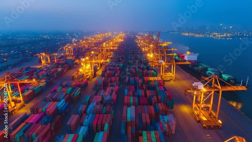 Global Trade: Nighttime Aerial View of Busy Container Port and Cargo Ship