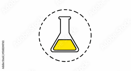 Illustration of a conical flask filled with yellow liquid inside a dotted circle on a white background