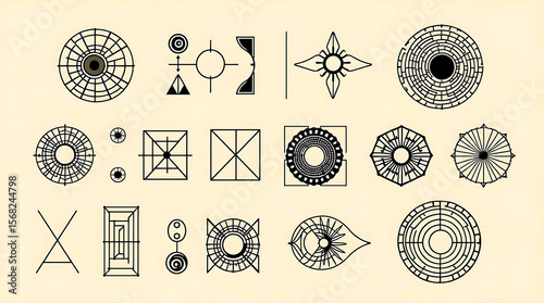 An array of intricate geometric shapes and symbols are displayed on a beige backdrop