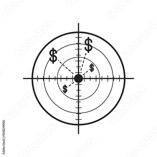 Black outline icon of a circular target with a center point and concentric rings, featuring multiple dollar signs symbolizing financial goals, income focus, monetary strategy, or revenue planning.