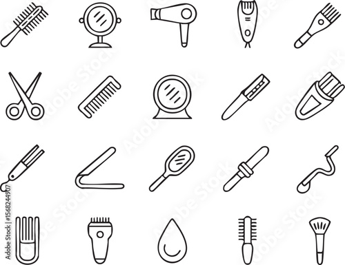 Hair Salon Tools and Equipment Icons Brushes, Combs, Scissors, and More
