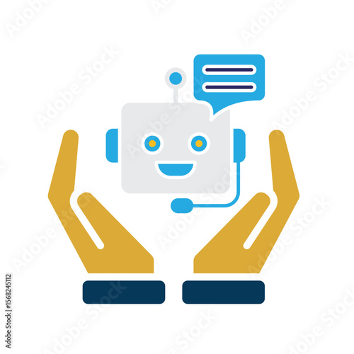 ai icon. AI Personal Assistant in two hand. Voice assistant. microphone with bot face. UI, education. flat design style