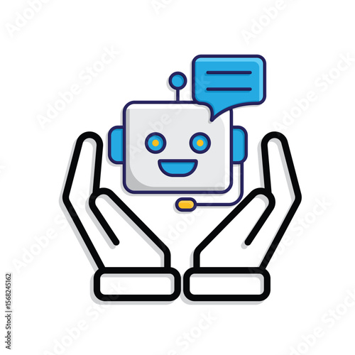 ai icon. AI Personal Assistant in two hand. Voice assistant. microphone with bot face. UI, education. Mixed design style