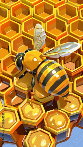 Abstract 3D render of colorful hexagonal cells forming a honeycomb pattern, like a sweet beehive