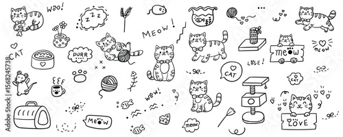 Hand drawn cat element line doodle set. Illustration vector design.