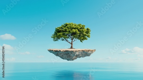 Floating Tree on an Island Above Calm Water with Blue Sky and White Clouds