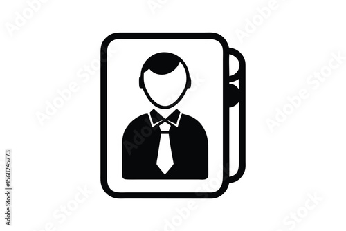 Simple black and white icon representing a person or user profile with a tie on a white background symbolizing identity and contact information