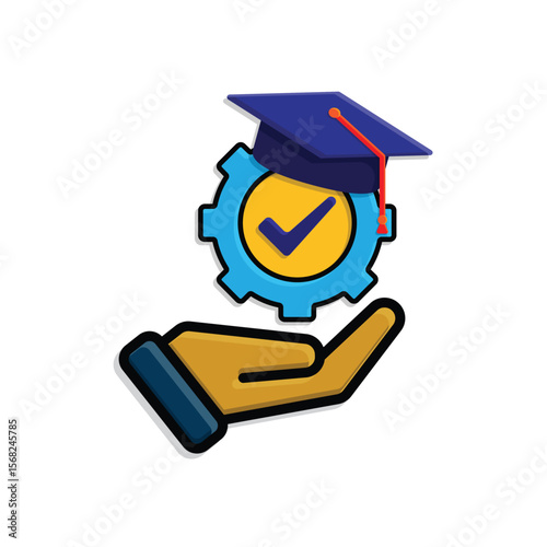education icon. engineering learning in hand. graduation cap on gear with check mark. smart, student, learning. isometric design style