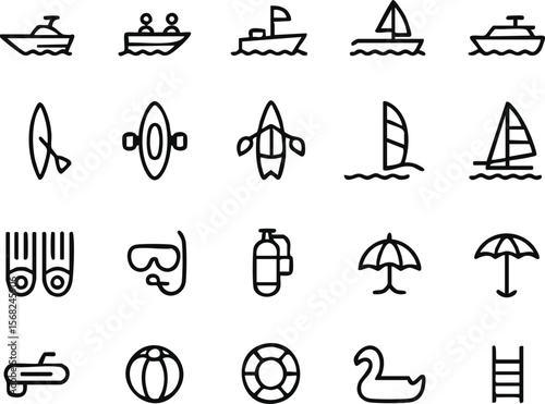 Water Sports Icons Boats, Sailing, Surfing, Diving & Beach Gear