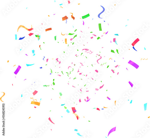 Celebration Confetti Overlay Dynamic Scatter of Colorful Streamers and Rectangular Bits in Various Hues. Ideal for Adding Joyful Effects to Photos, Videos, or Digital Marketing Materials