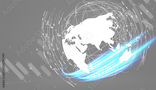 Worldwide Technology and Finance: Modern Globe Design with Electronic Circuitry and Market Analysis Elements, Representing Global Connectivity and Economy