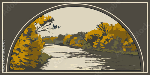 Golden autumn leaves frame an abstract nature background, a vector illustration of a fall forest landscape