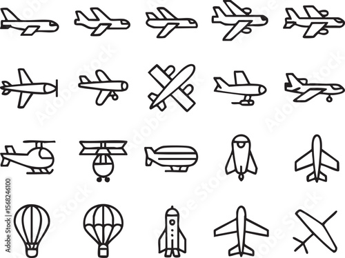 Collection of diverse aircraft icons including airplanes helicopters blimps and rockets for travel and aviation themes