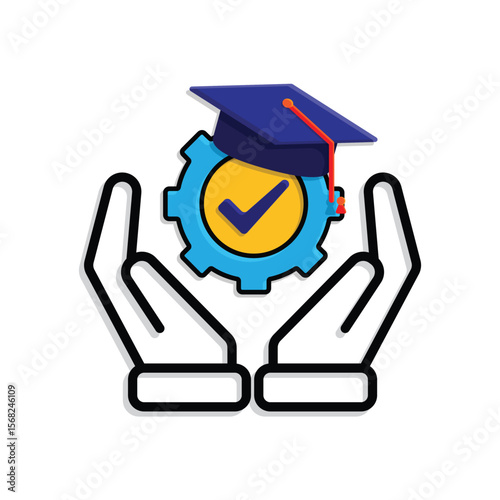 education icon. engineering learning in two hand. graduation cap on gear with check mark. smart, student, learning. Mixed design style