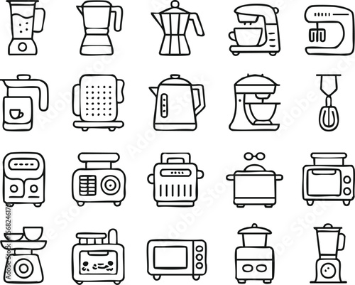 Collection of kitchen appliance icons in a clean line art style