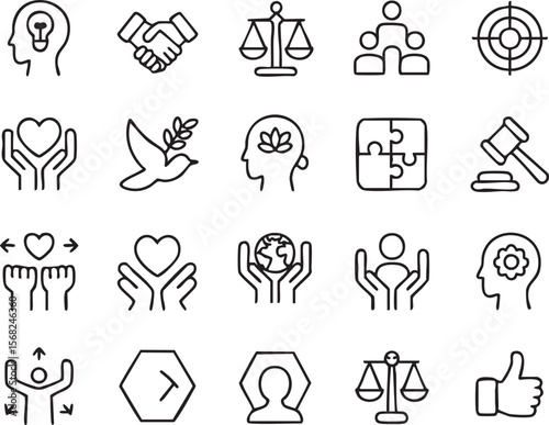 Line Icons Set Ethics, Justice, Teamwork, and Collaboration