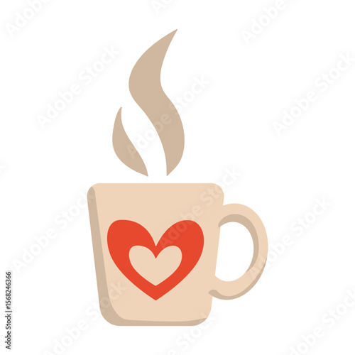 Vector illustration of hot drink with steam. Flat light mug with heart isolated on white background