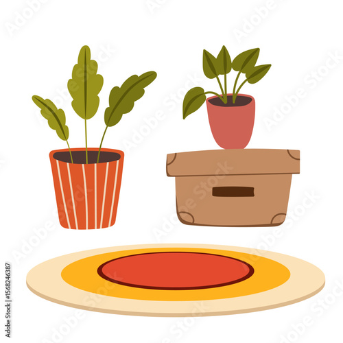 Interior items vector illustration set. Cartoon flat furniture with armchair, lamp, nightstand, house plants. Designer fashionable things for home interior apartment isolated on white