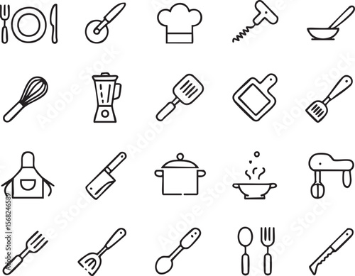 Culinary Icons A Collection of 22 Line Art Kitchen Utensil and Cooking Equipment Illustrations