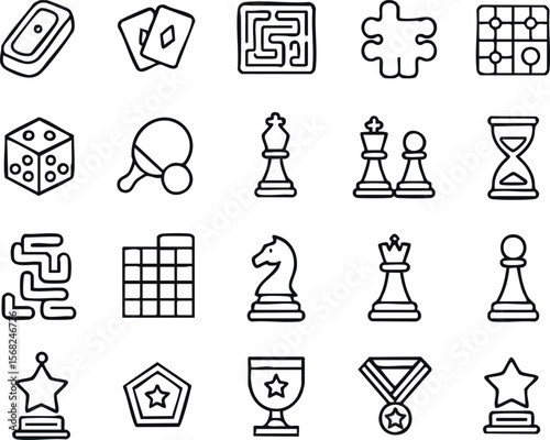 Collection of Line Art Game Icons Chess, Puzzles, Board Games & More