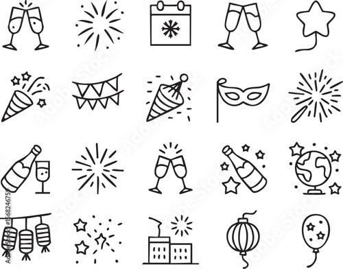 New Year's Eve Celebration  A Collection of Festive Line Icons and Graphics