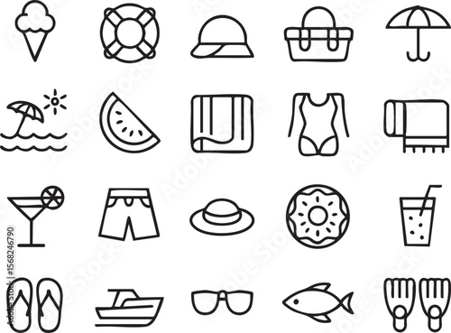 Summer Vacation Icons Beach, Sun, Fun & Relaxation Line Art