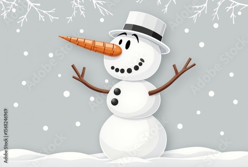 Cartoon Snowman in Snowy Landscape