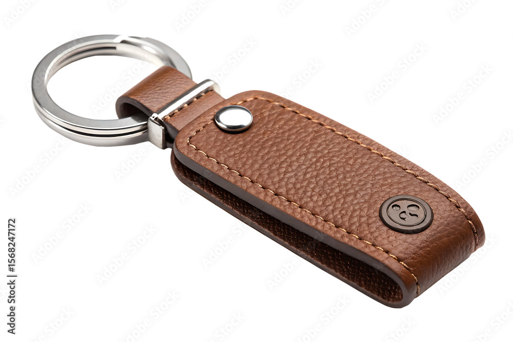 Brown leather keychain with silver ring and emblem isolated on a transparent background image Brown leather keychain with silver ring and emblem isolated on a transparent background image