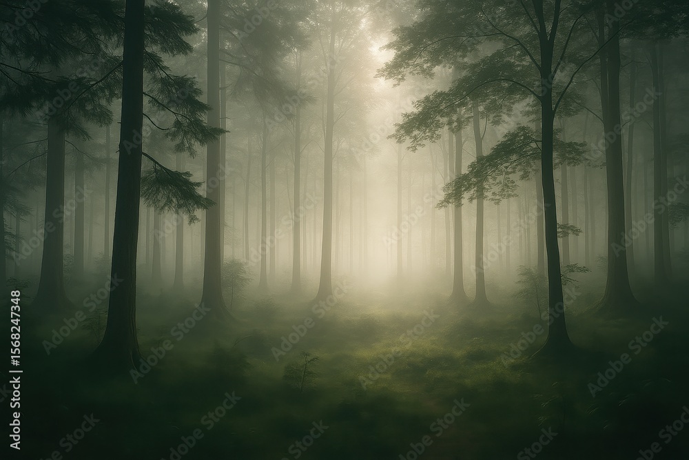 Fototapeta premium Serene misty forest in the morning with sunlight rays and tall trees