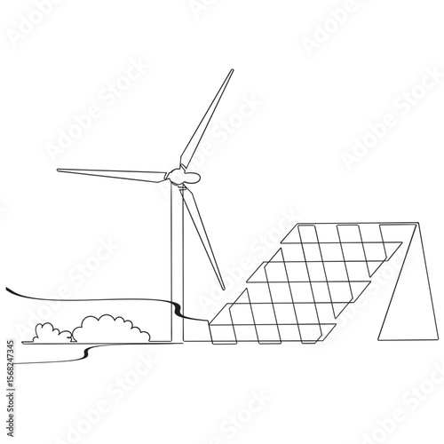 Wind farm turbine solar panel with sun continuous one line icon drawing. Renewable source energy concept vector illustration in linear style. Contour line sign for Innova design