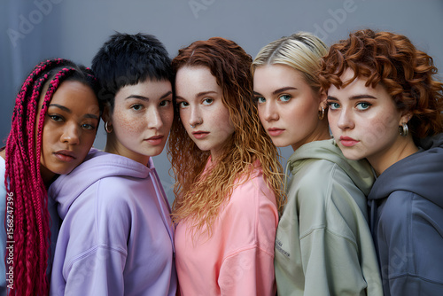 Five young women models posing together in studio photoshoot