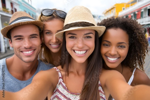 Happy tourists taking selfie while visiting colorful city