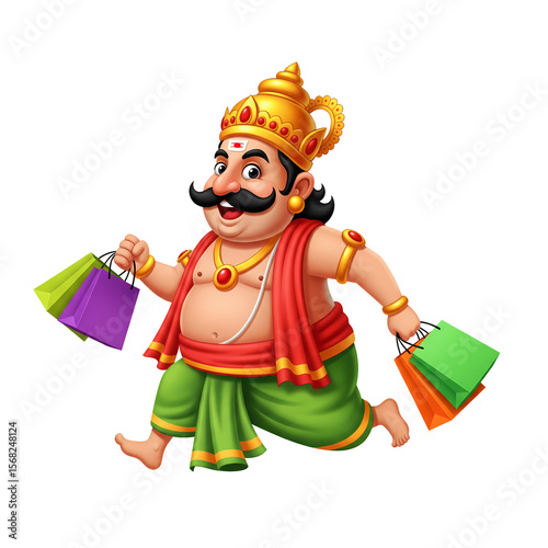 Kerala Onam Festival Mythological Character King Mahabali Shopping with Colourful Bags, Side View on Transparent Background