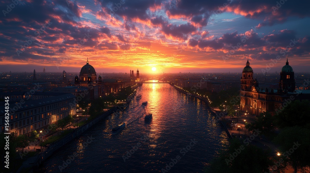 Fototapeta premium Stunning panoramic view of a sunset over a historic cityscape with waterways and iconic architecture