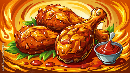 Tender BBQ Chicken Drumsticks, with golden-brown crispy skin and caramelized barbecue sauce, shine with juicy richness in a close-up food shot.