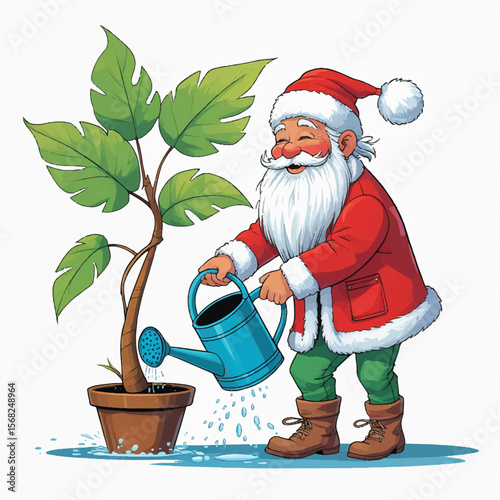 Jovial Santa Watering a Potted Plant in Cheerful Holiday Scene