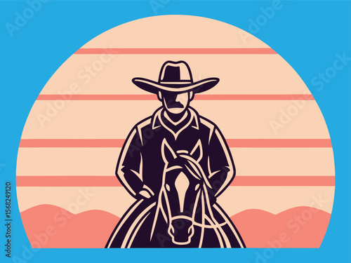 Retro Cowboy Riding Horse Illustration with Sunset Background for Western Theme