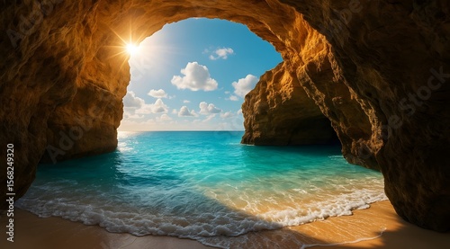 Wallpaper Mural View of a tropical beach through a sunlit sea cave entrance Torontodigital.ca