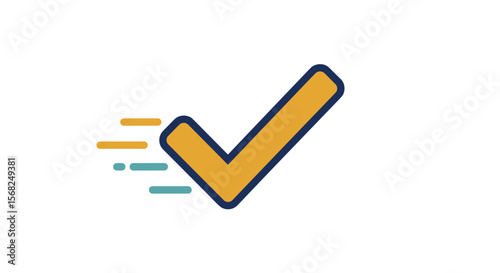 Check mark icon with motion lines on a white background