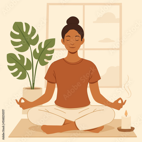 Mindful Meditation Scene. Woman Practicing Yoga and  Self-Care.