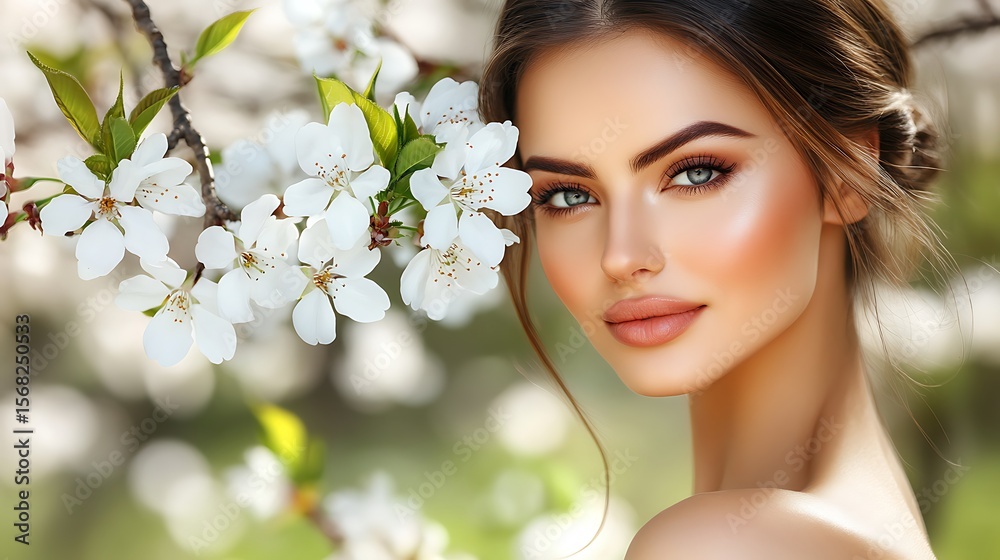 Fototapeta premium Beautiful woman with flawless skin and spring blossoms.